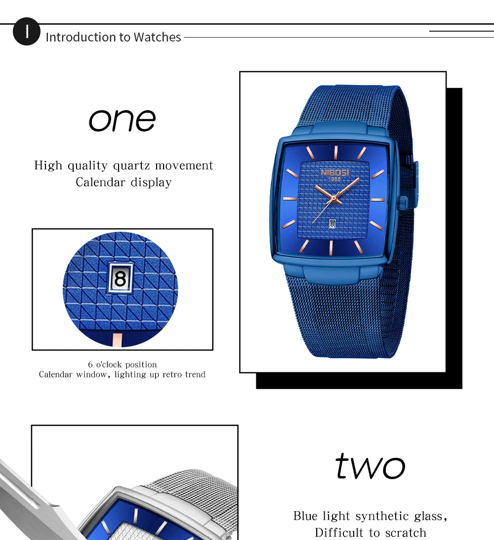NIBOSI Montre Homme Luxe Carrée Quartz — Maille Ultra-Fine, Étanche, Lumineux