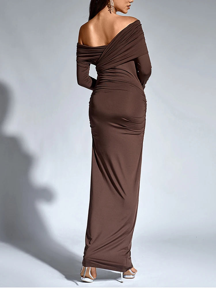 Robe Longue Asymmétrique Épaule Unique — Manches Longues, Bodycon Club, Automne
