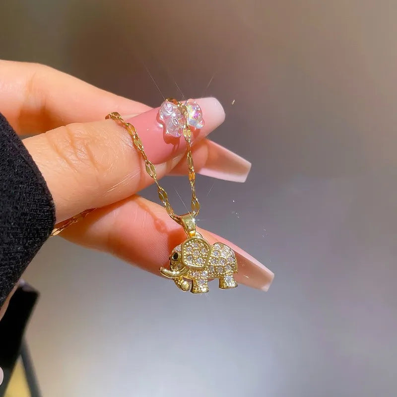 Collier Pendentif Éléphant Zircon Cubique — Cuivre Doré, Polyvalent, Homme & Femme