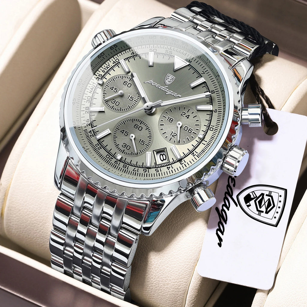 POEDAGAR Montre Homme Luxe Chronographe — Acier Inoxydable, Étanche, Sport Élégant