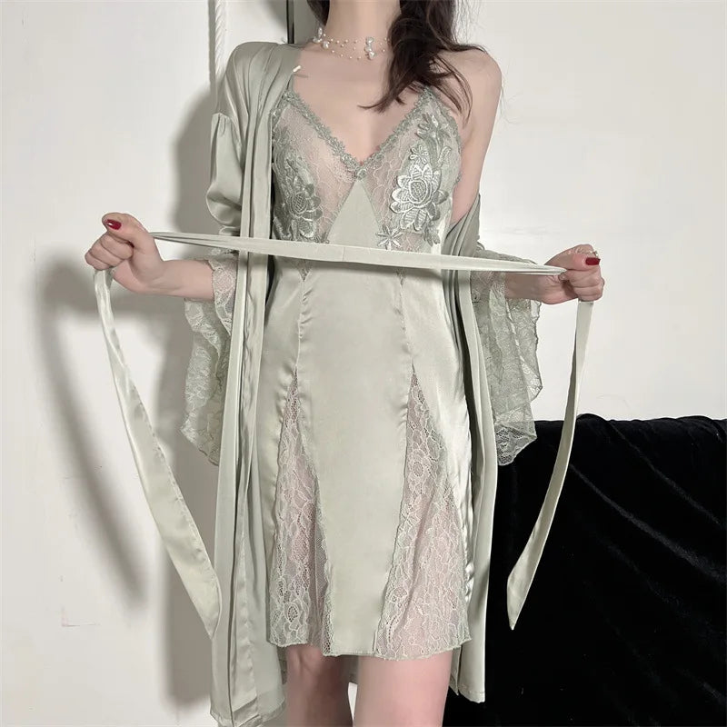 Robe de Chambre Femme Broderie Sexy — Dentelle Satin, Kimono Mariage Été