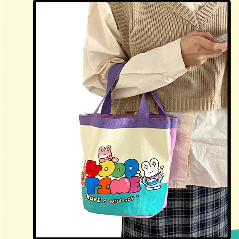 Sac Seau Toile Cartoon Imprimé — Tote Portable Cylindrique, Lunch Bag Fille Étudiante