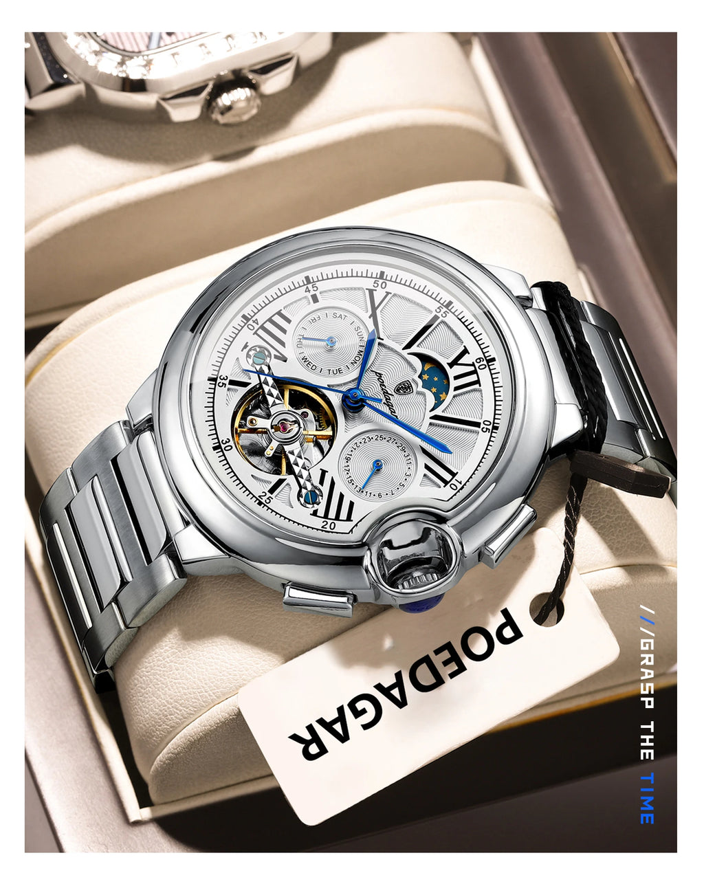 POEDAGAR Montre Automatique Homme Luxe — Tourbillon, Acier, Date & Semaine, Étanche