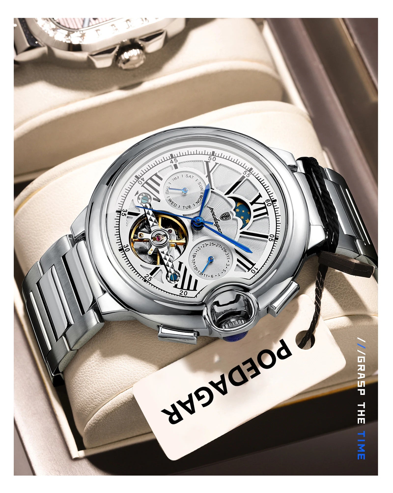 POEDAGAR Montre Automatique Homme Luxe — Tourbillon, Acier, Date & Semaine, Étanche