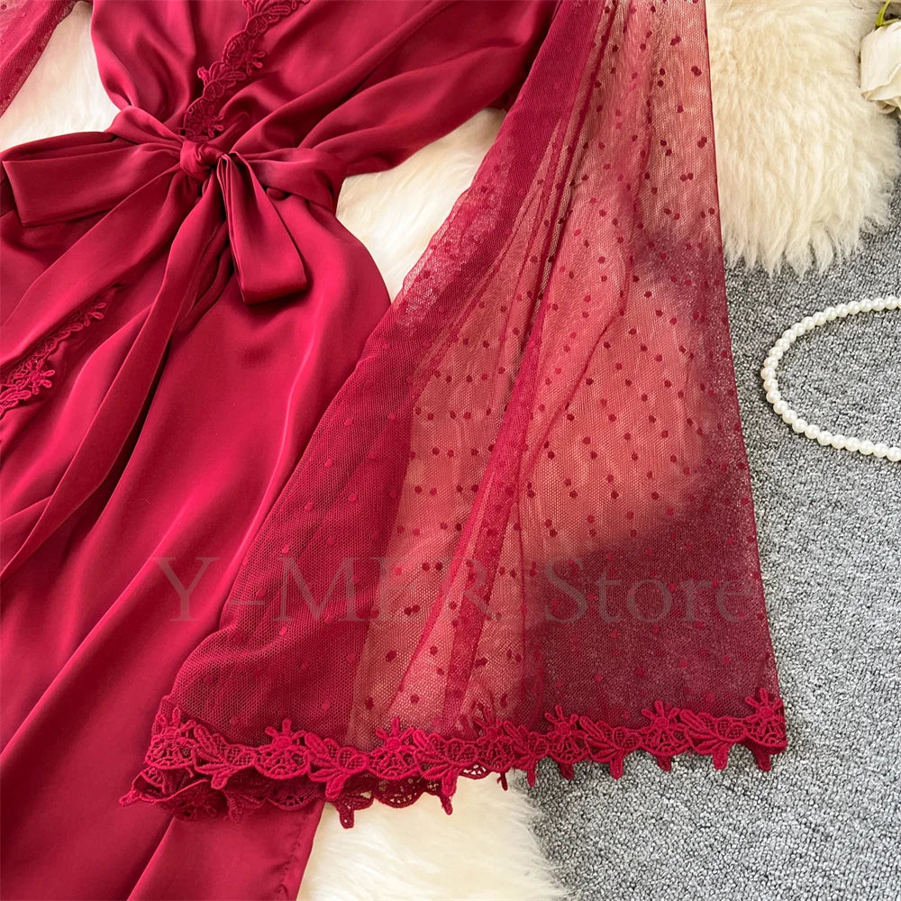 Robe de Chambre Kimono Dentelle Broderie — Longue, Satin Soie, Mariage & Nuit