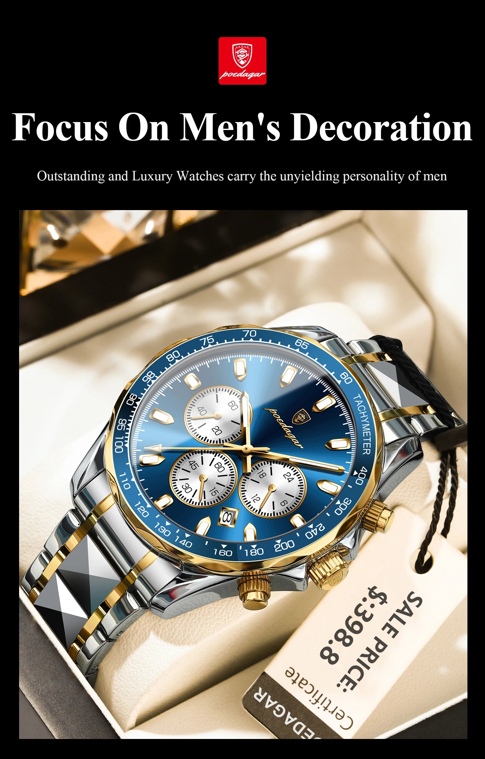 POEDAGAR Montre Homme Sport Luxe Chronographe — Acier Inoxydable, Étanche, Lumineuse