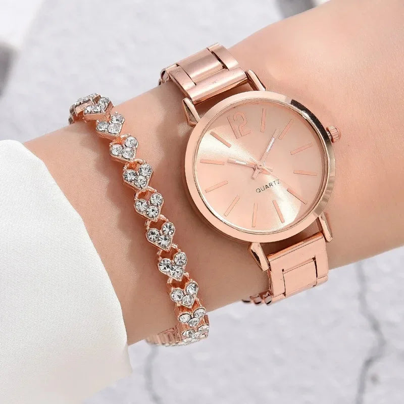 Coffret 2 Montres Femme Luxe — Cadran Simple Creux, Bracelet Or, Quartz Étudiante