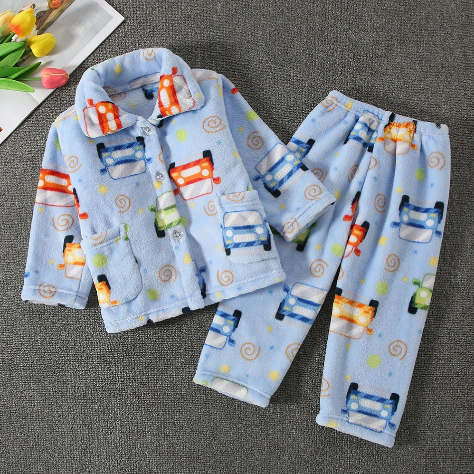 Pyjama Enfant Polaire Cartoon — Manches Longues, Chaud Hiver, Garçon & Fille