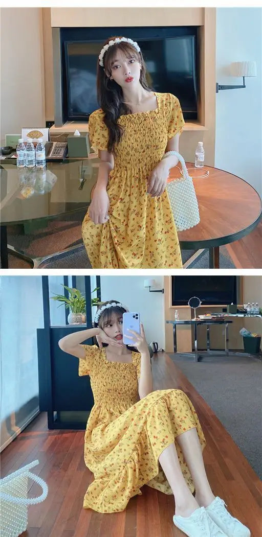 Robe Mini Femme Fleurie Plissée 2025 — Manches Courtes, Dos Nu, Décontractée