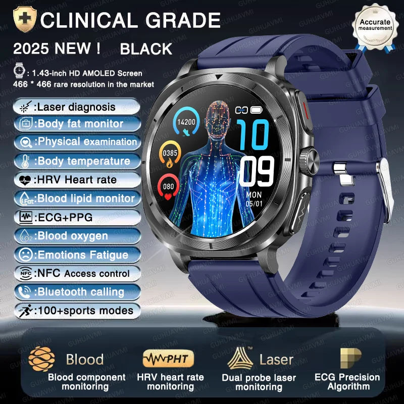 ساعة ذكية صحية بالليزر ECG 2025 — ضغط الدم، حمض اليوريك، NFC، مكالمات