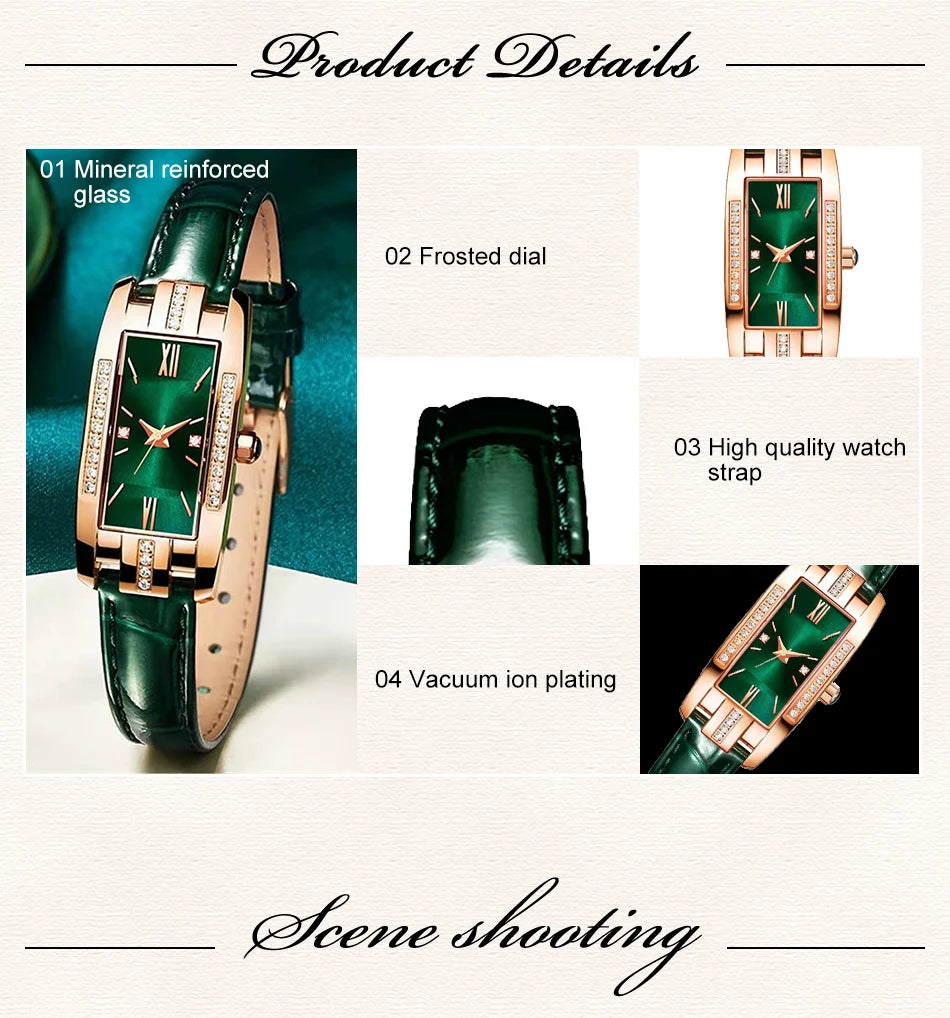 Montre Femme Carrée Quartz — Bracelet Cuir Vert, Cadran Simple, Luxe Fashion