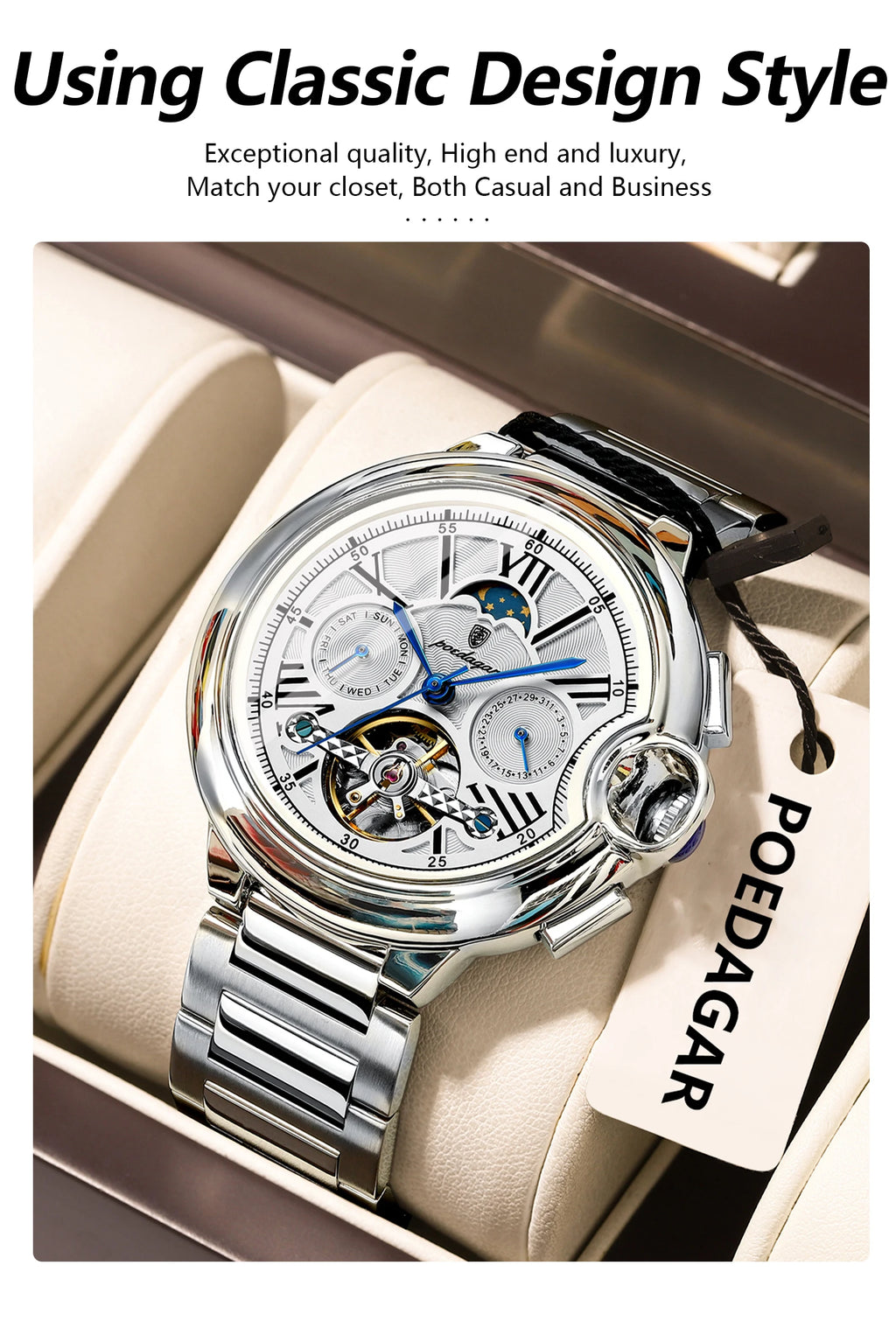 POEDAGAR Montre Automatique Homme Luxe — Tourbillon, Acier, Date & Semaine, Étanche