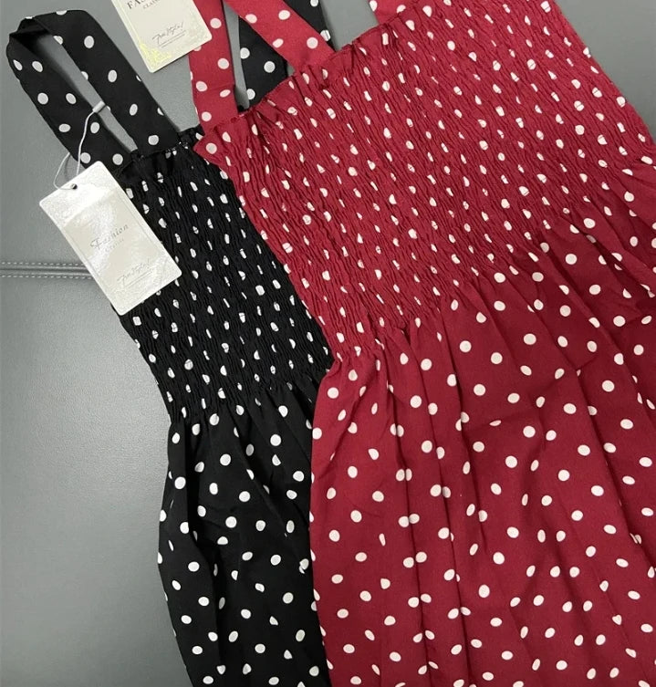 Robe Longue Vintage Pois Bretelles 5XL — Volantée, Soyeuse, Sexy Plage Été