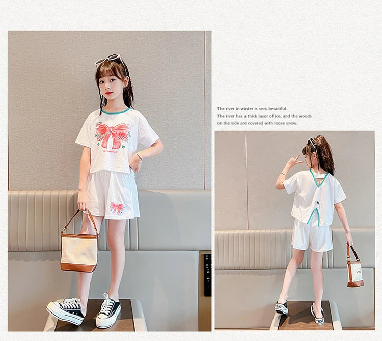 Ensemble 2 pièces filles – T-shirt imprimé nœud manches courtes & short sport, tenue été 2025