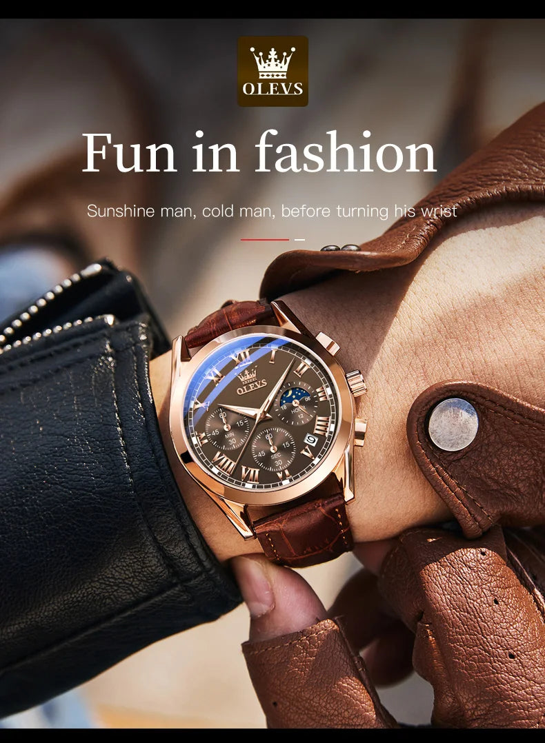 Montre Homme OLEVS 2871 Chronographe Phase de Lune — Étanche, Multifonction, Quartz Luxe
