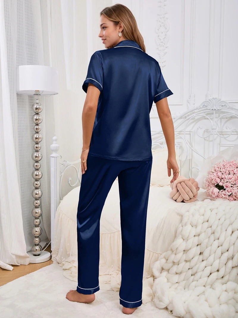Pyjama Femme Satin Soyeux 2 Pièces Luxe — Haut Manches Courtes & Pantalon Long