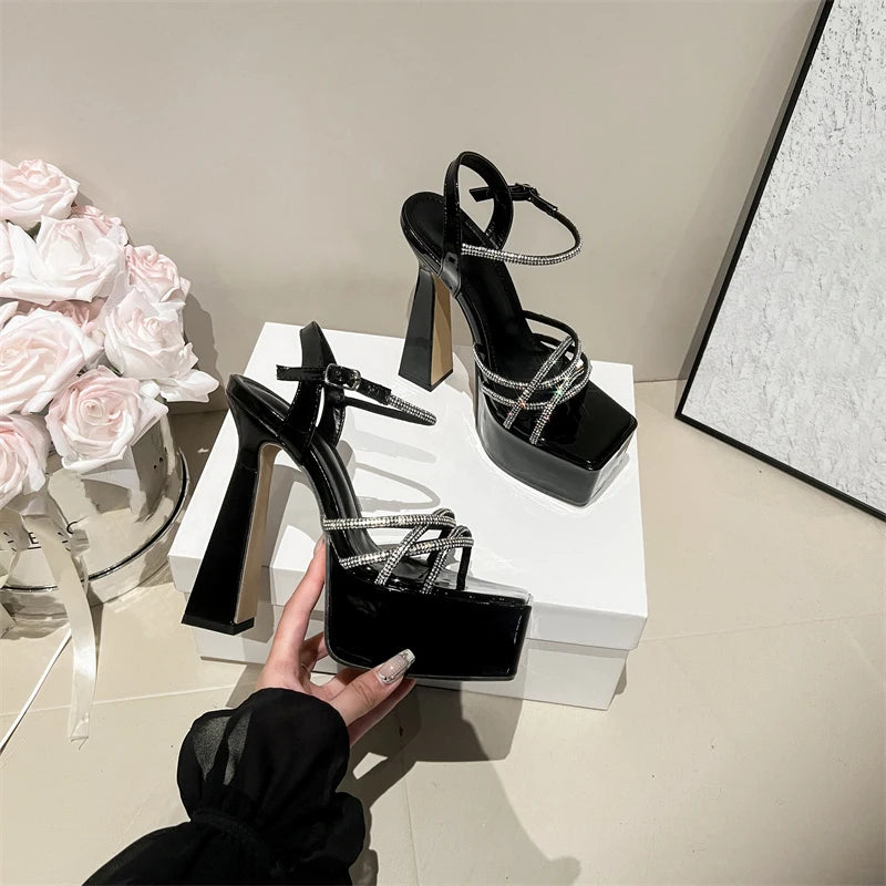 Sandales Plateforme Strass Talon Épais Femme — Bout Ouvert, Mariage Soirée