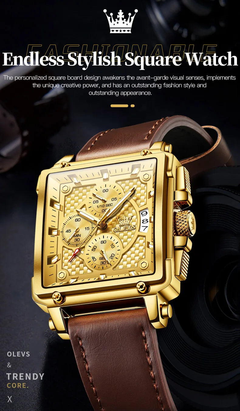 Montre Homme OLEVS Carrée Luxe Quartz — Étanche, Lumineux, Chronographe, Relogio