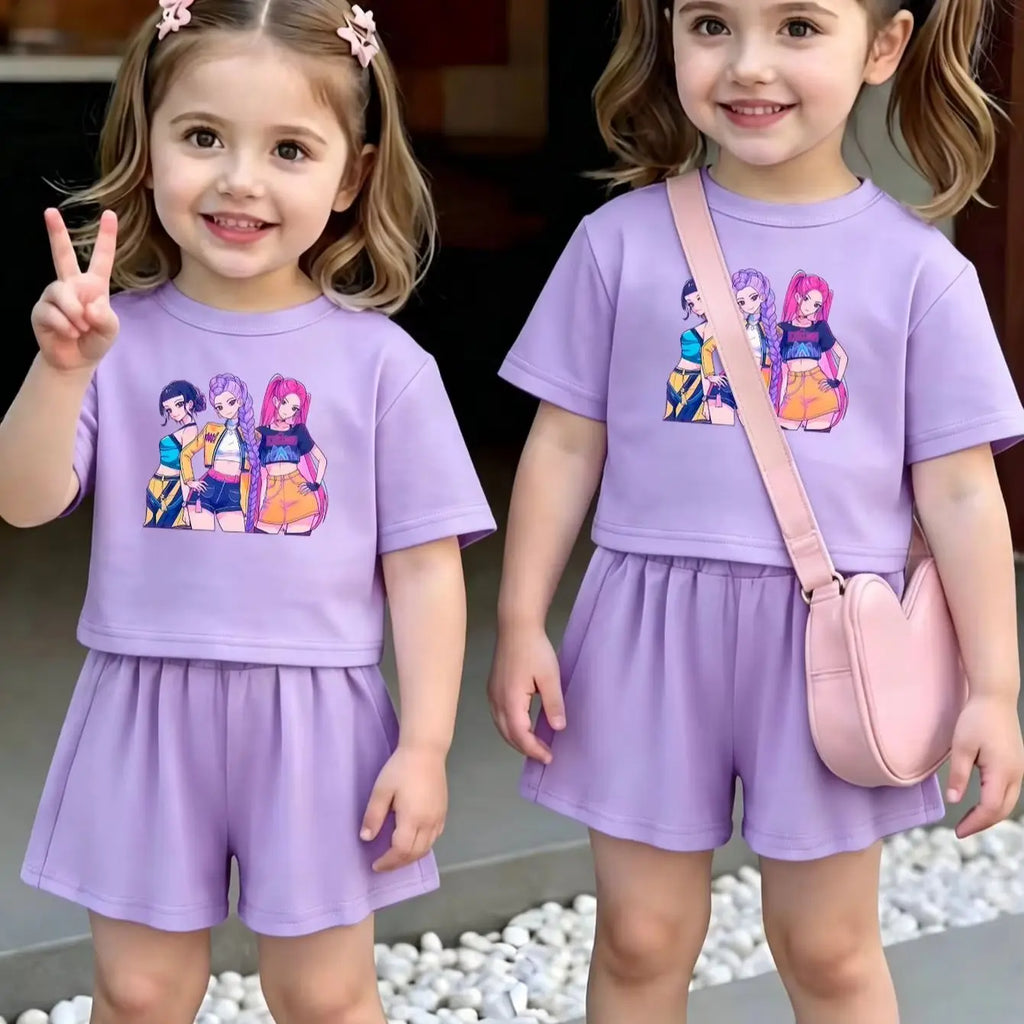 Ensemble 2 pièces filles – T-shirt imprimé cartoon & short à volants, jogging été 1-7 ans