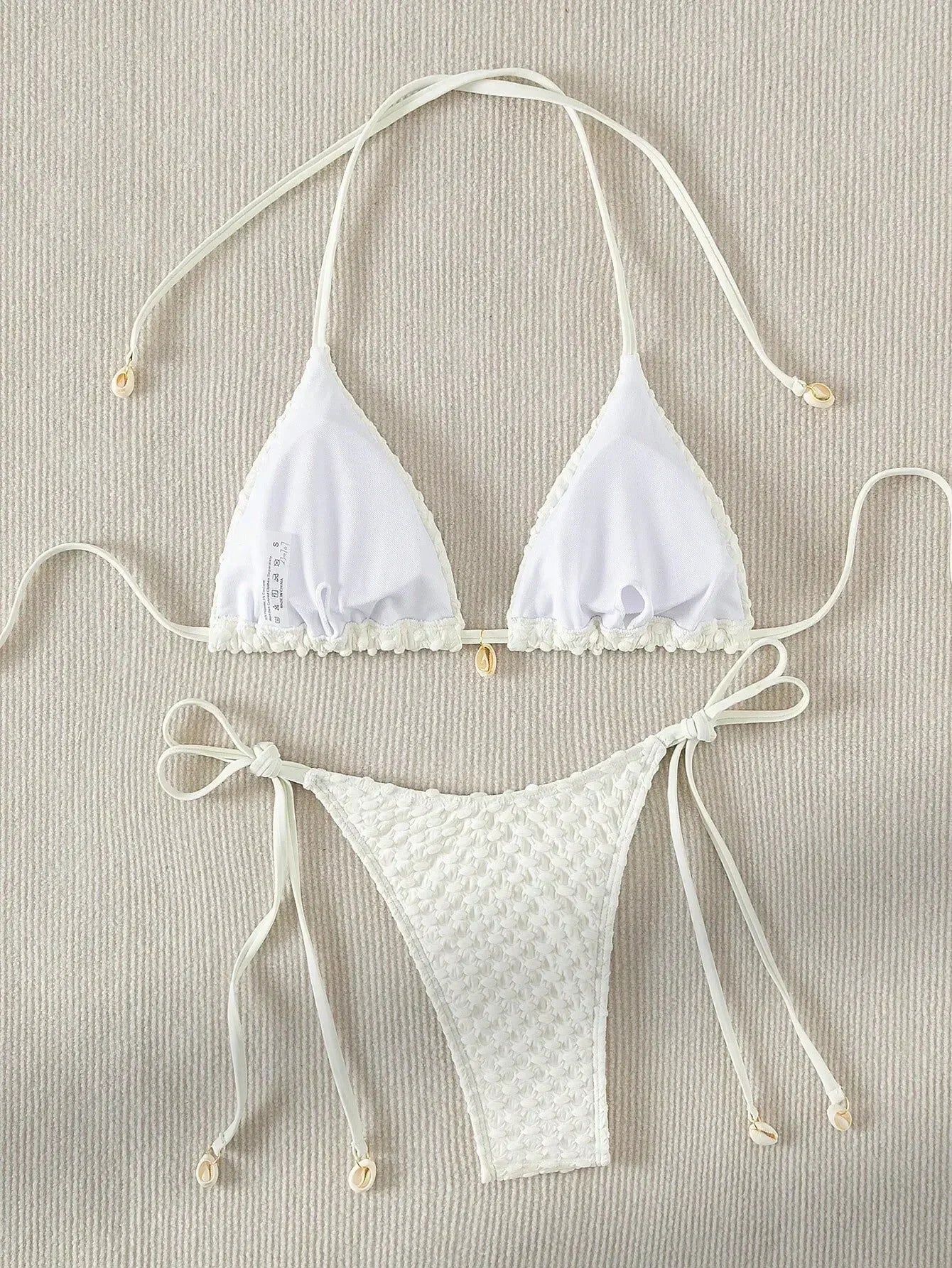 Bikini Coquillage Blanc Push Up 2025 — Halter Micro, Tanga, Maillot de Bain Sexy