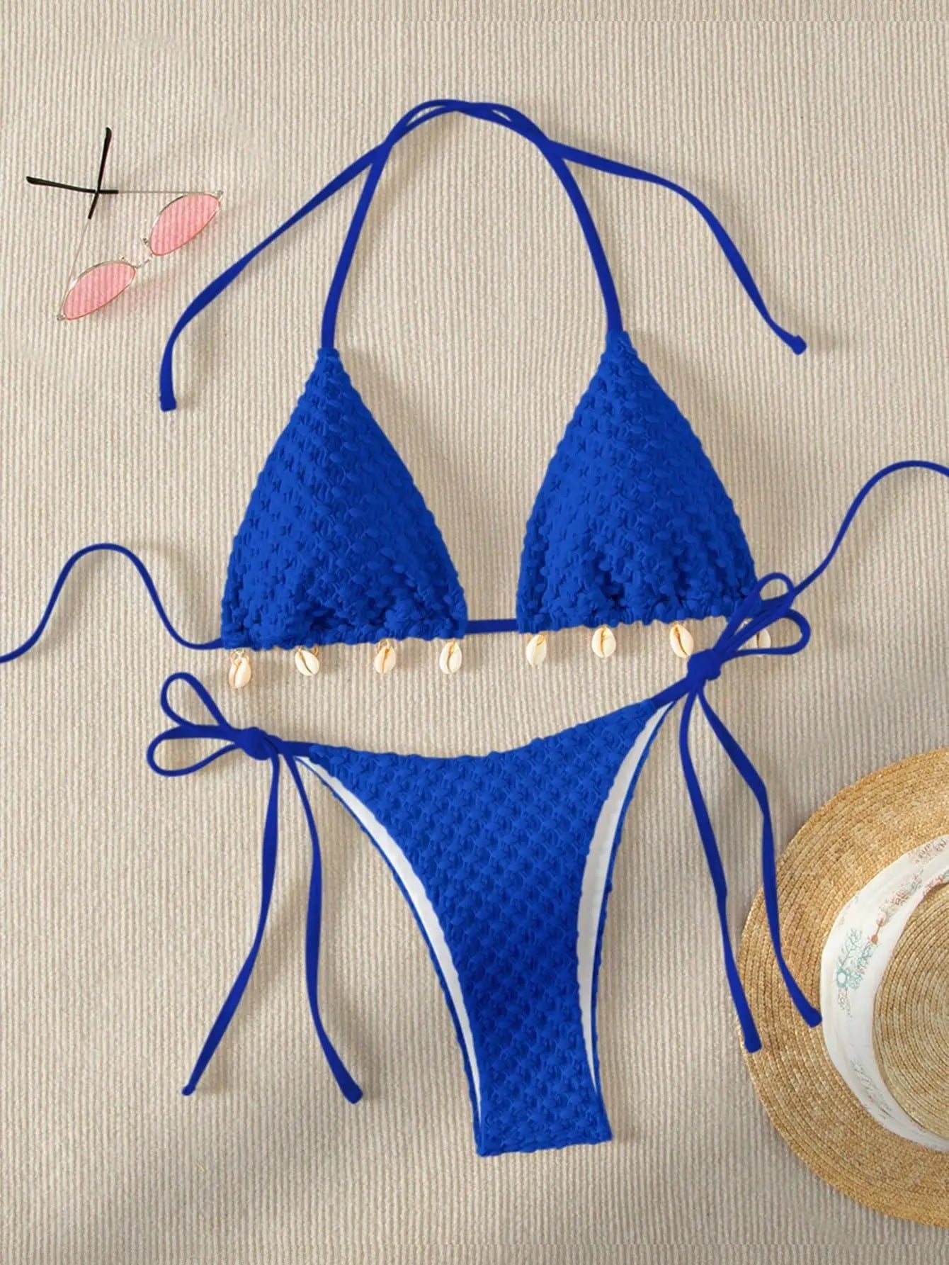 Bikini Coquillage Blanc Push Up 2025 — Halter Micro, Tanga, Maillot de Bain Sexy