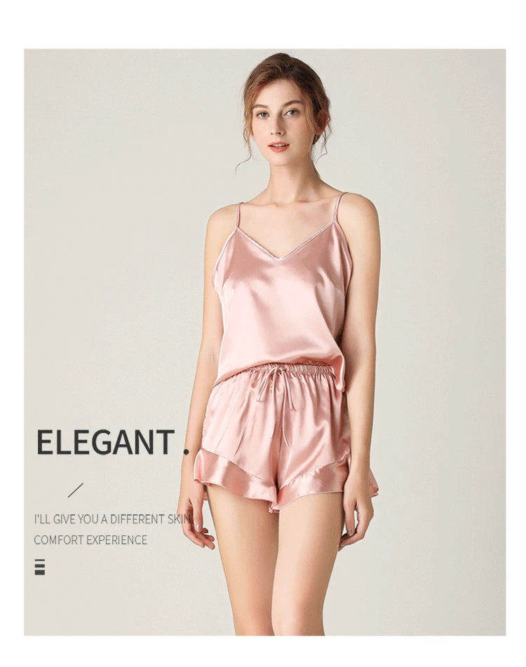 Pyjama Femme Soie Satin Volanté — Camisole & Short, Lounge Maison
