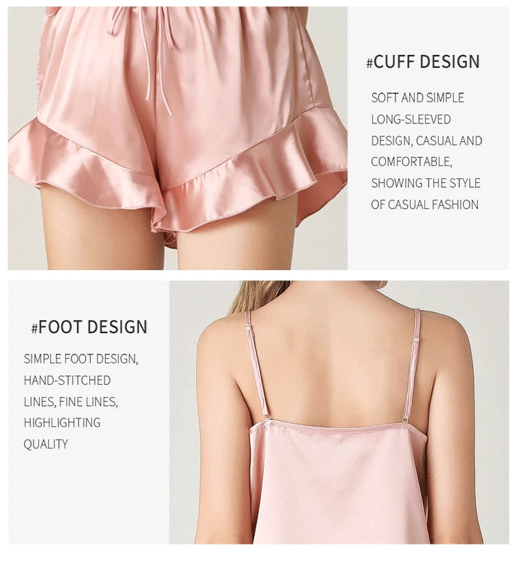 Pyjama Femme Soie Satin Volanté — Camisole & Short, Lounge Maison