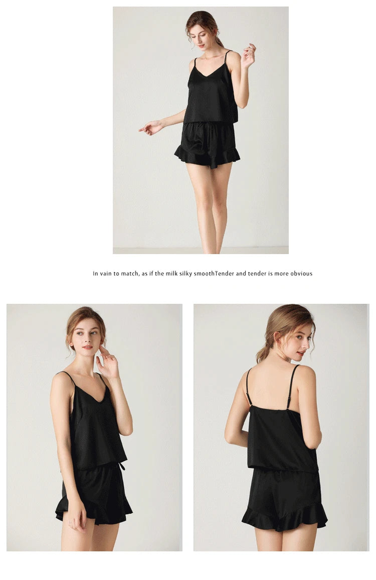 Pyjama Femme Soie Satin Volanté — Camisole & Short, Lounge Maison