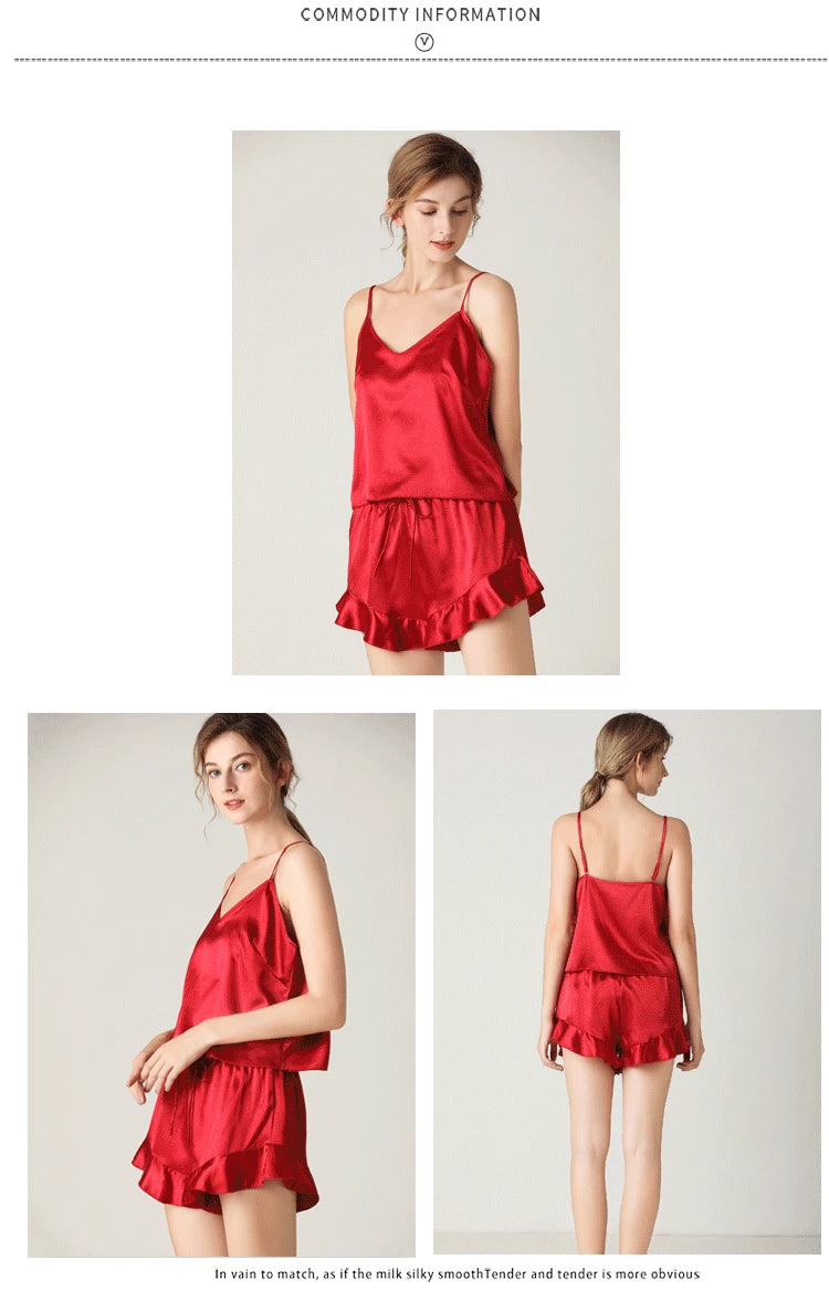 Pyjama Femme Soie Satin Volanté — Camisole & Short, Lounge Maison